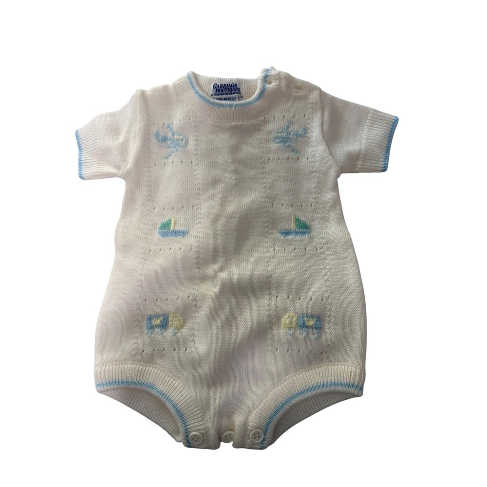 Carriage Boutiques Vintage Knit Romper White Blue Airplane Sailboat Truck 3-6M